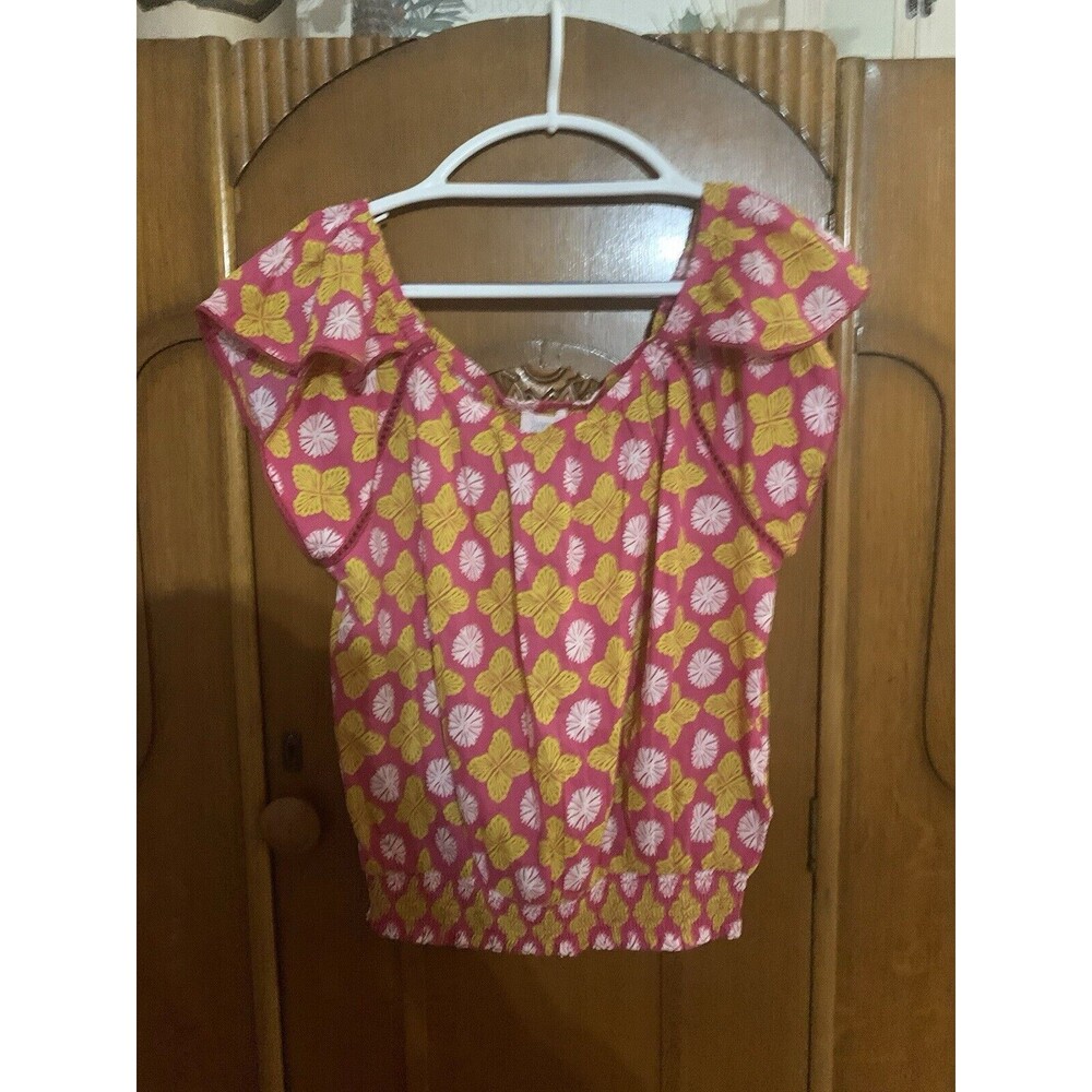 Sigred Olsen Women’s Pink And Yellow Top Ruffle Sleeve/ Elastic Waist. Large.B27